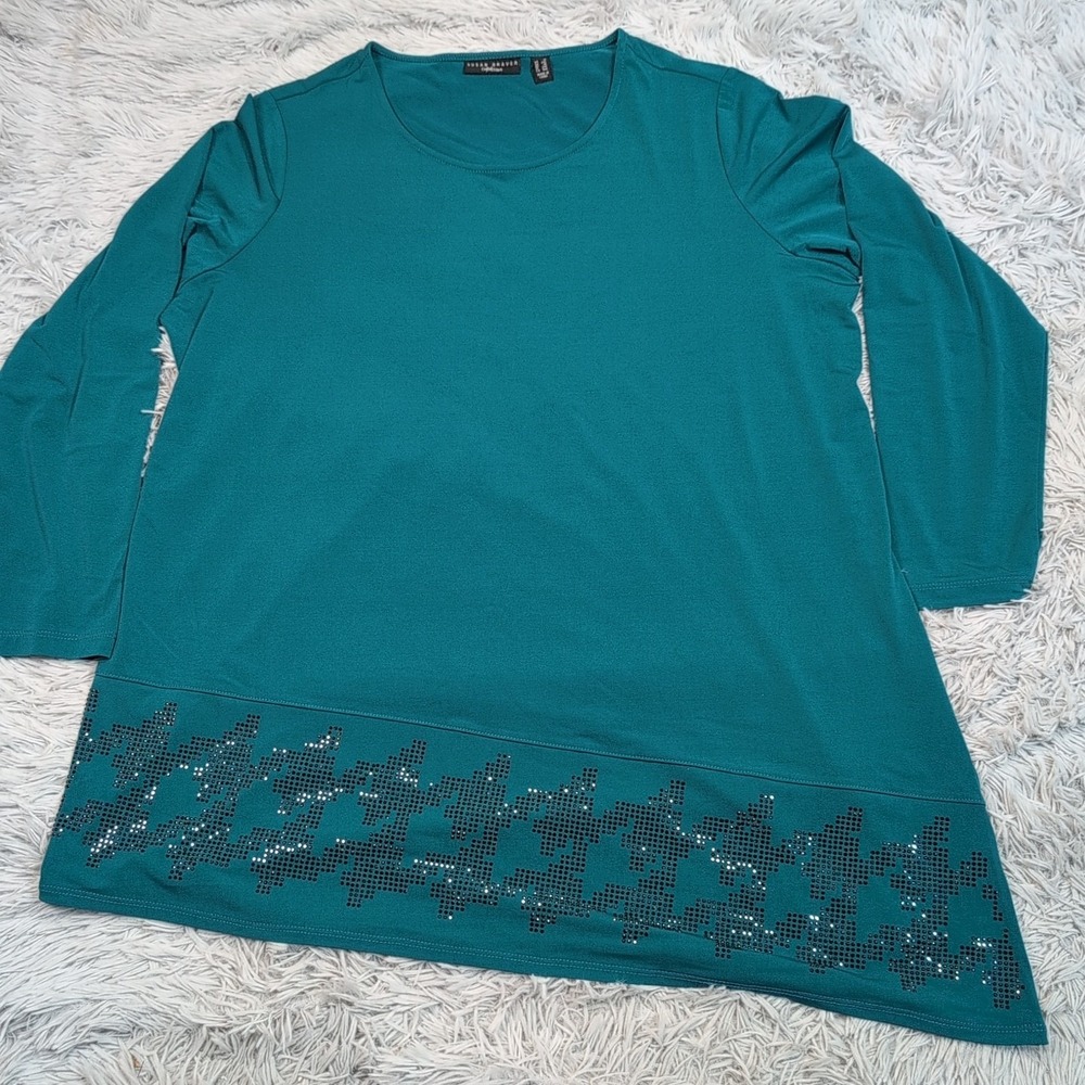 Susan Graver Shirt Womens 1X Teal Blouse Lightweight Asymmetrical Hem Sparkly